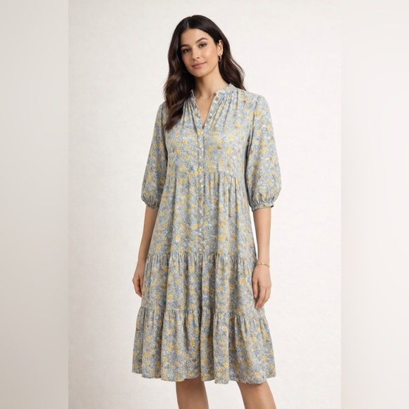 Mable Dresses & Skirts - Mable Relaxed Fit Tiered Floral Midi Shirt Dress cottagecore prairie size Small